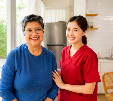 two woman wearing blue shirt smiling